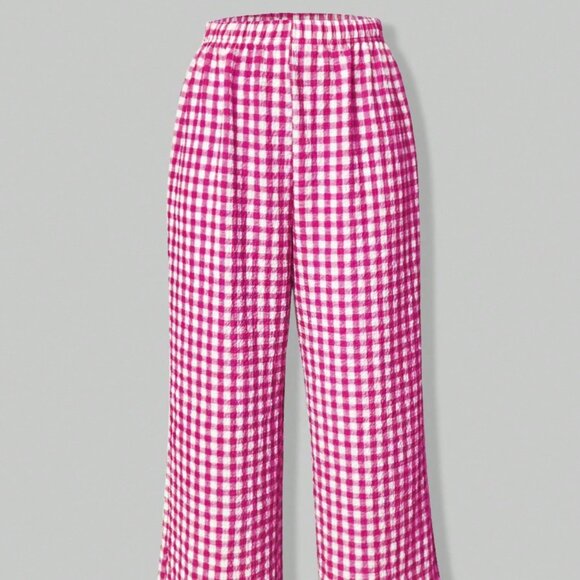 Hot Pink Casual Women's Loose Gingham Pants - Picture 3 of 5